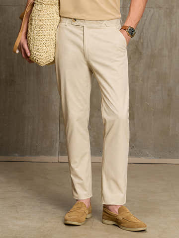 Light Beige Tapered 100% Cotton Trouser With Cross-Over Tab