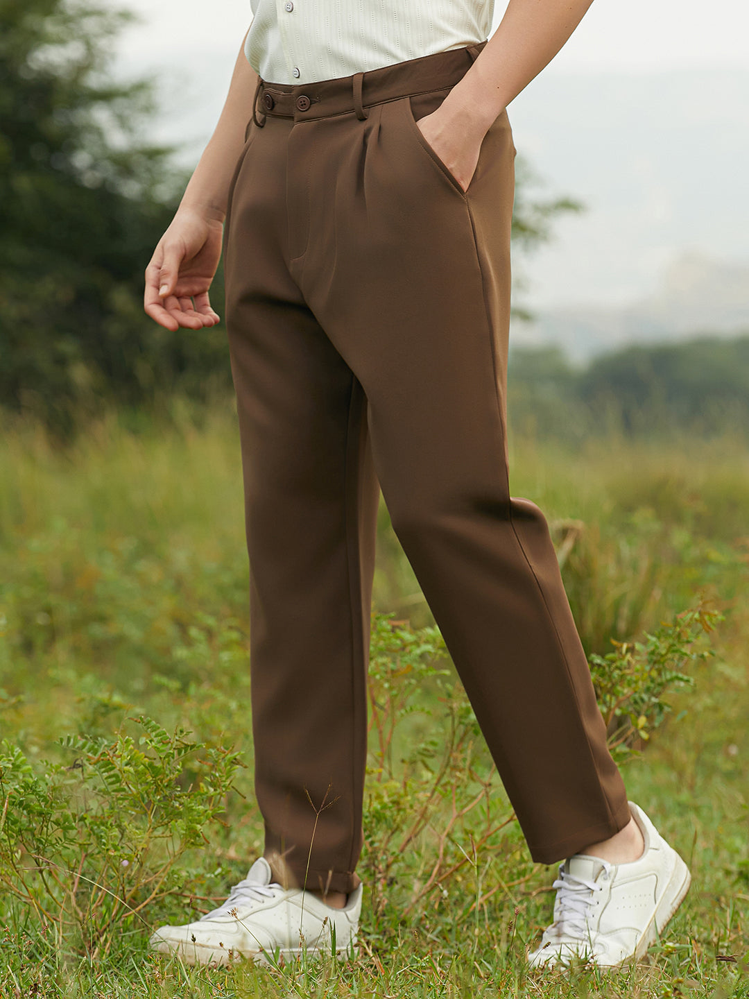 ₹1,099 | Cahoot mens Chocolate Brown Pleated Suede Trousers - Cahoot