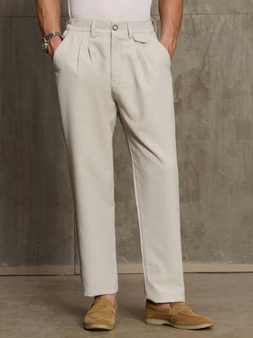 Beige Double Pleated Straight Fit Trouser