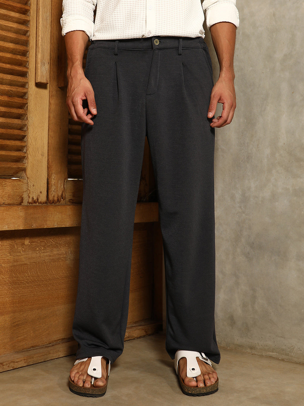 Micro-Waffle Straight-Leg Trousers
