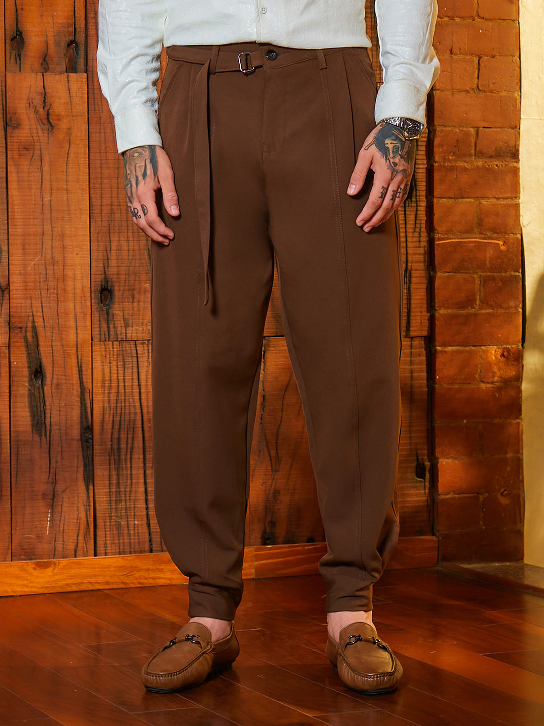 ₹999 | Cahoot Mens's Russet Brown Panelled Gurkha Trousers - Cahoot