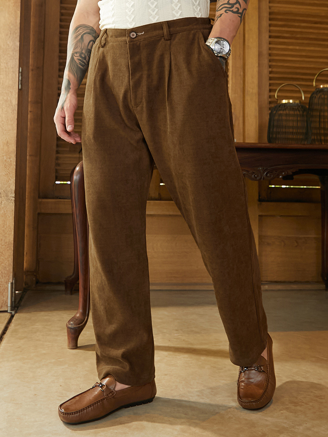 Cahoot Men's Russet Brown Corduroy Pleated Trousers