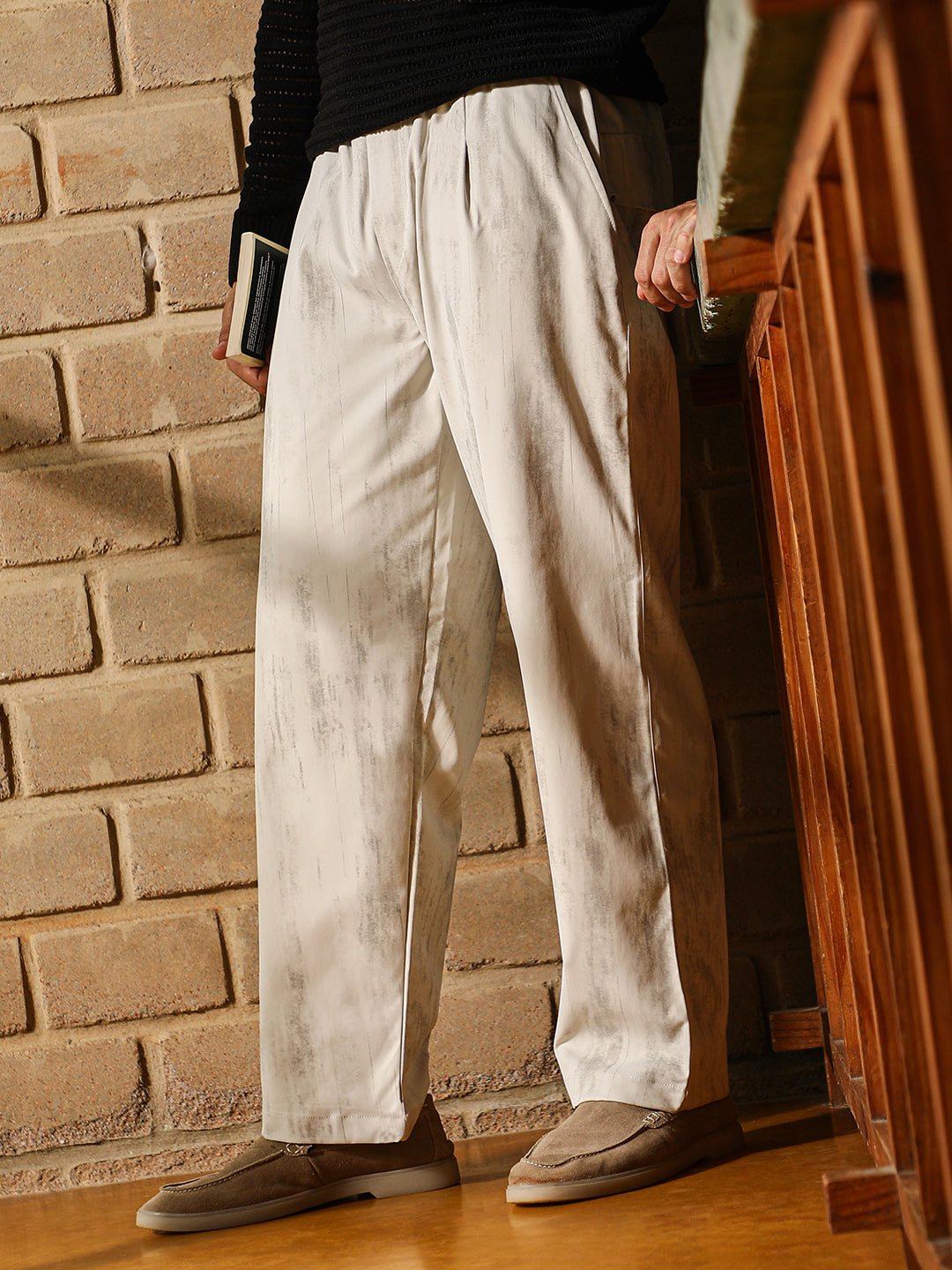 Cahoot Men's Ivory White Gazed-Imprint Relaxed Trousers