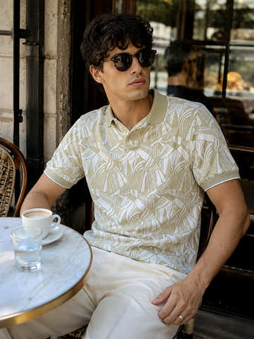 White & Green Jacquard Polo With Tipping Collar