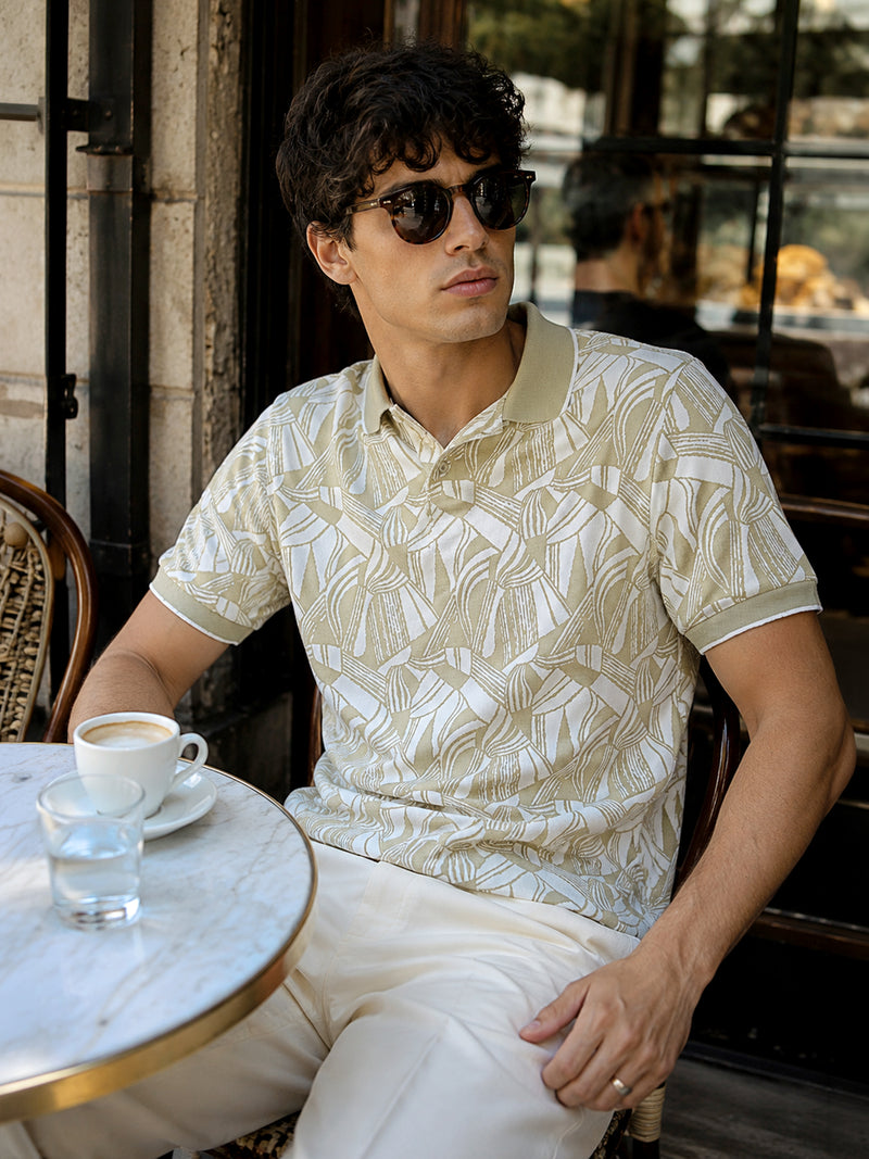 CAHOOT Men's White & Green Jacquard Polo With Tipping Collar - view 1