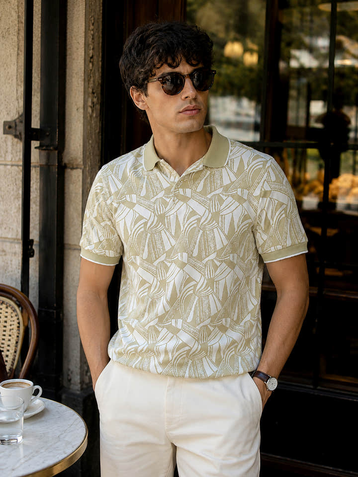 CAHOOT Men's White & Green Jacquard Polo With Tipping Collar - view 2