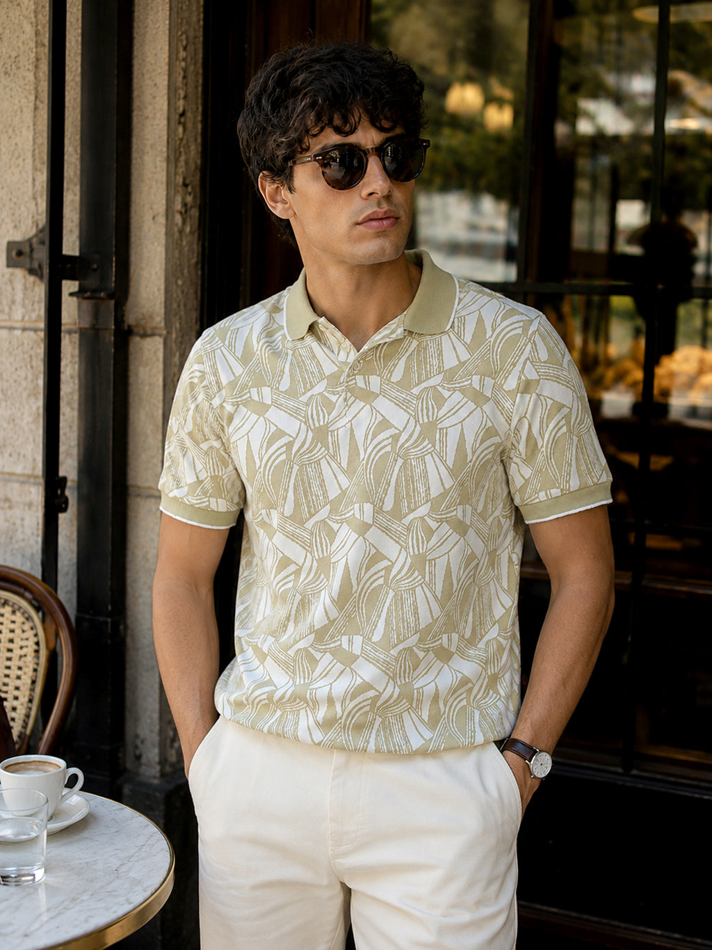 CAHOOT Men's White & Green Jacquard Polo With Tipping Collar - view 2
