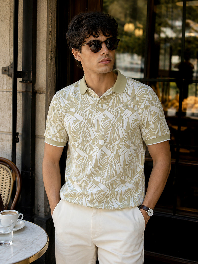 CAHOOT Men's White & Green Jacquard Polo With Tipping Collar - view 2