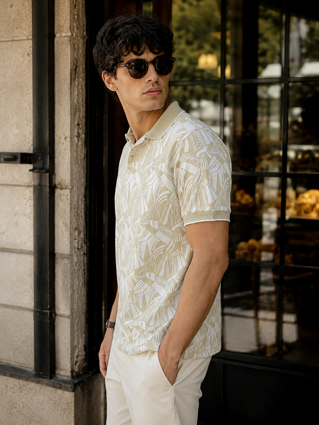 CAHOOT Men's White & Green Jacquard Polo With Tipping Collar - view 3