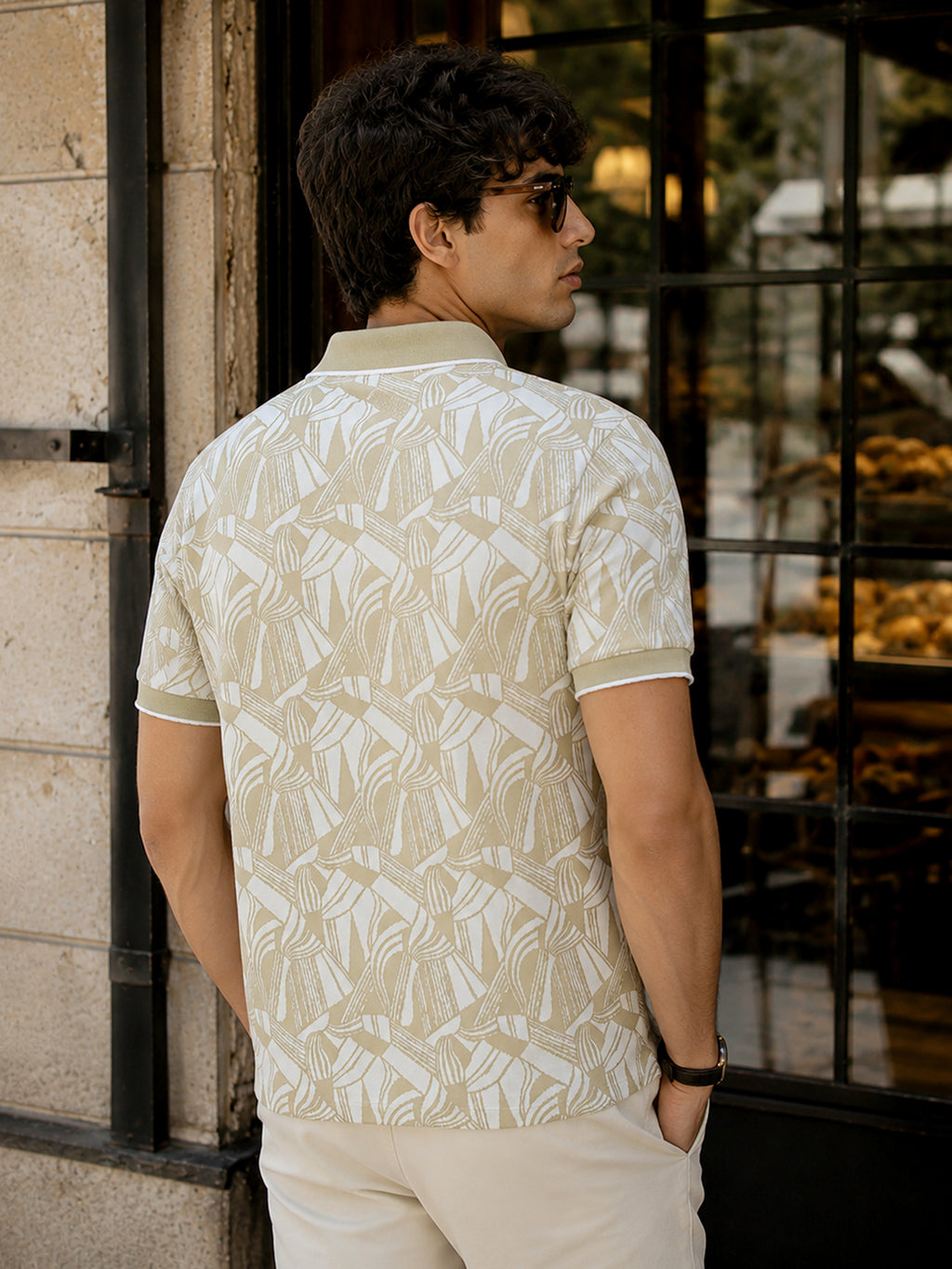 CAHOOT Men's White & Green Jacquard Polo With Tipping Collar - view 4