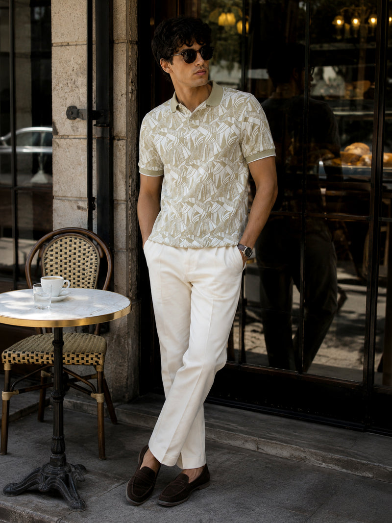 CAHOOT Men's White & Green Jacquard Polo With Tipping Collar - view 5