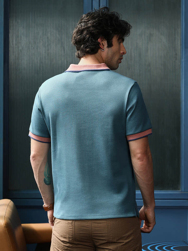 Contrast-Ribbed Polo T-Shirt