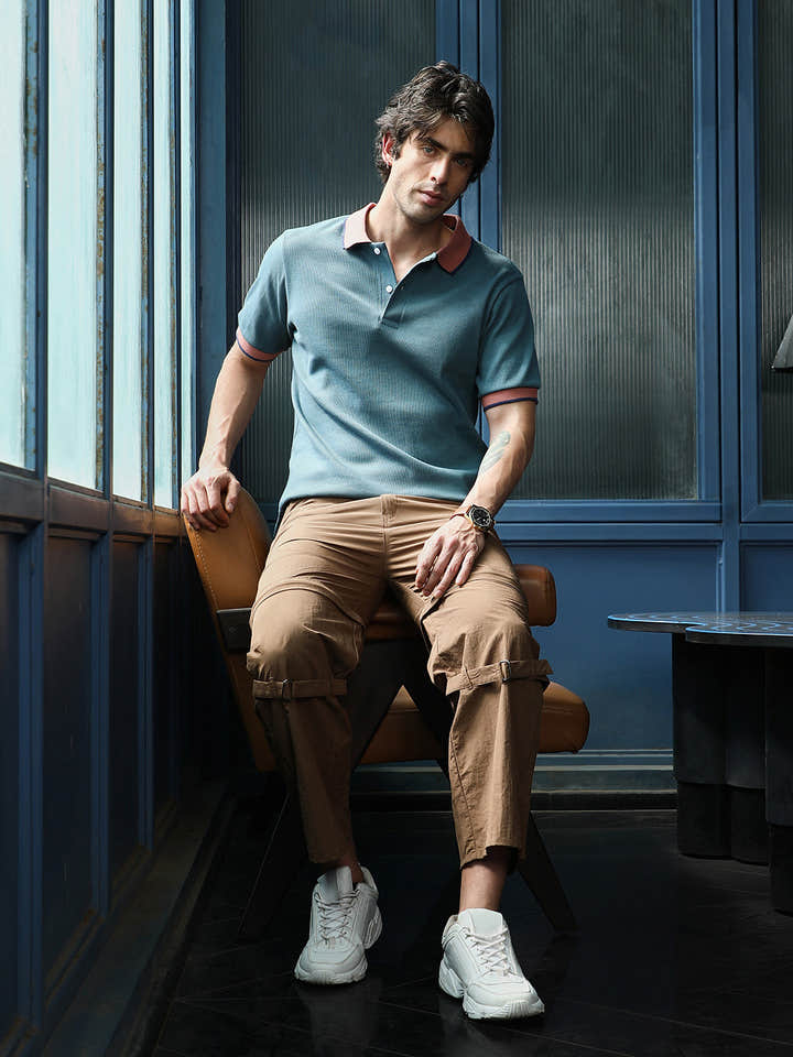 Contrast-Ribbed Polo T-Shirt