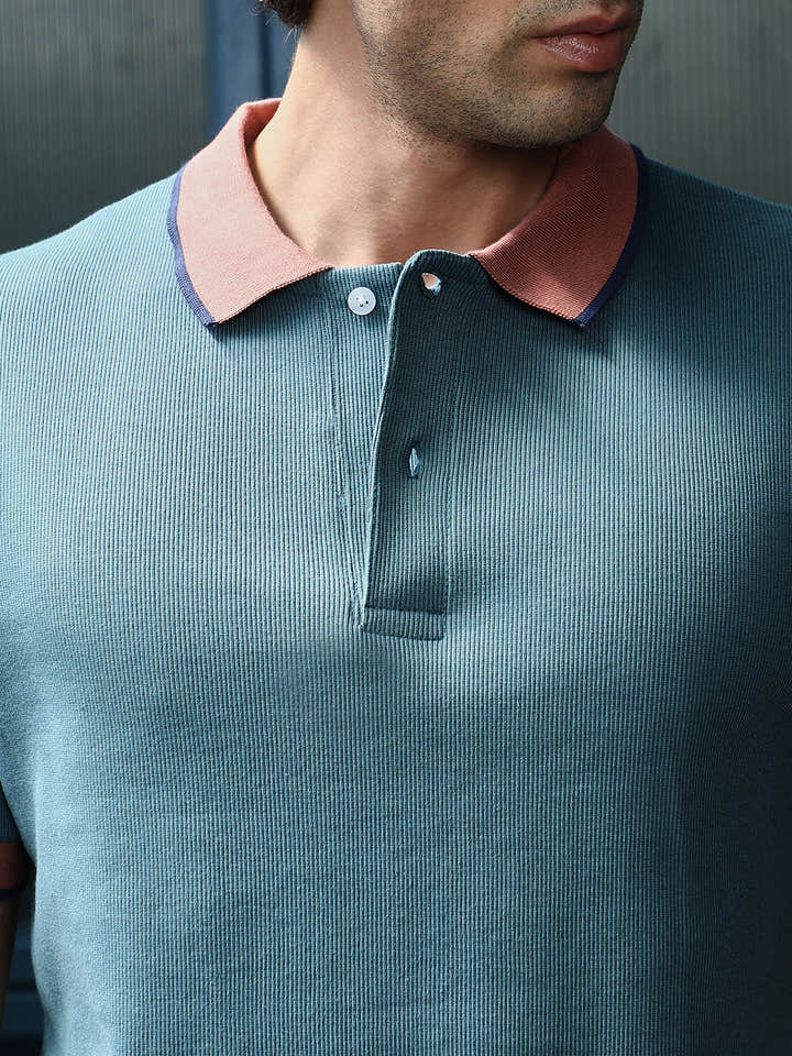 Contrast-Ribbed Polo T-Shirt