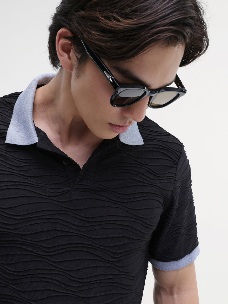 Black Self Design T-Shirt