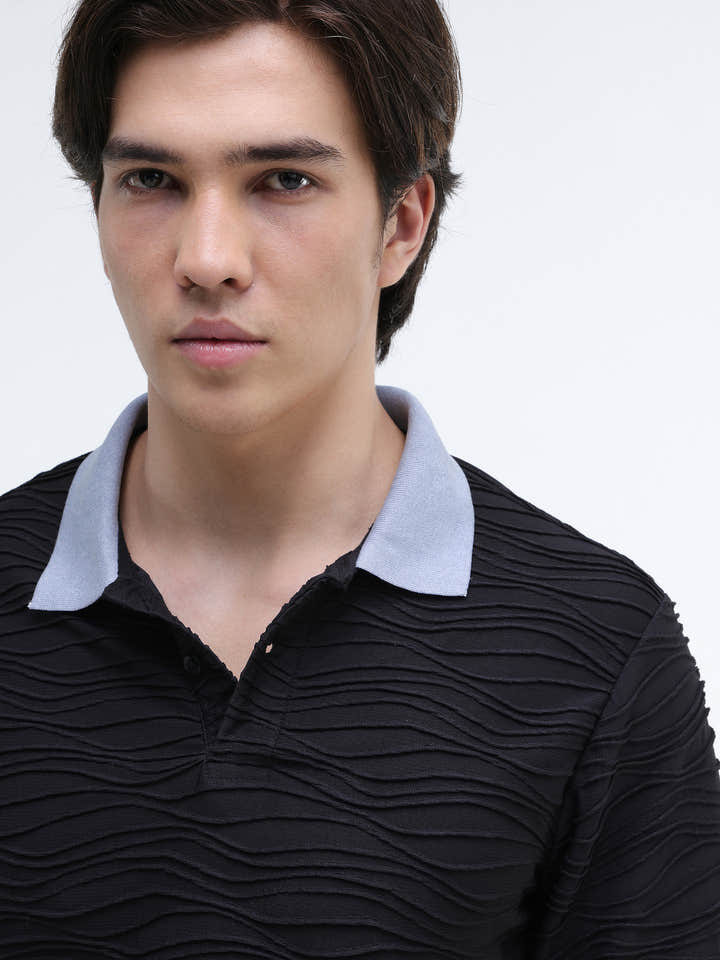 Jacquard Knit Contrast Collar Regular Fit Polo
