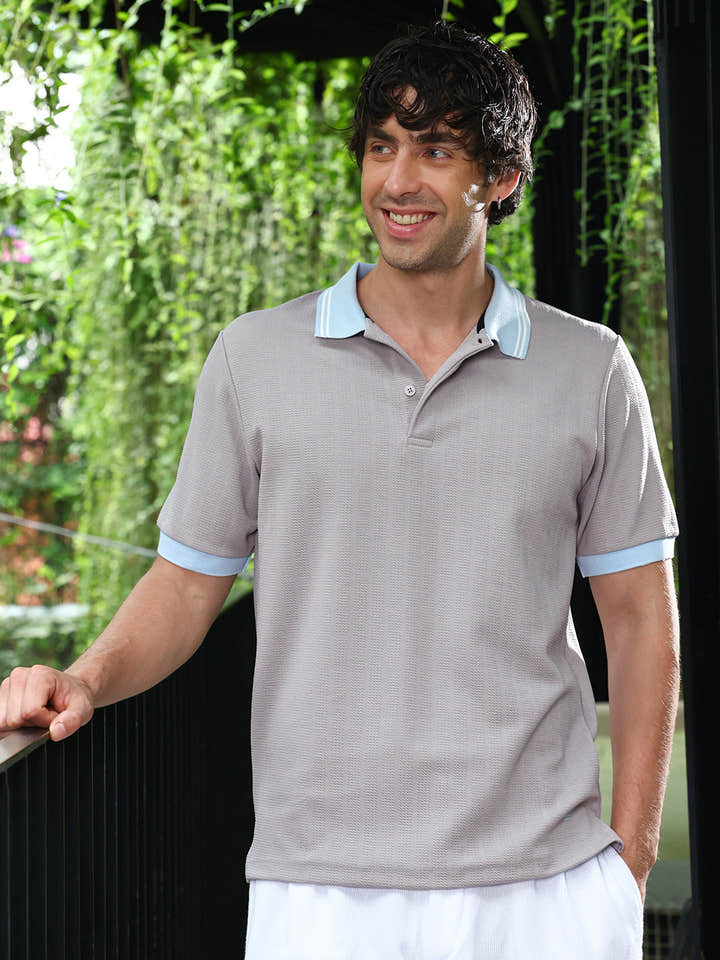 Chevron Panel-Tactile Knit Polo T-Shirt