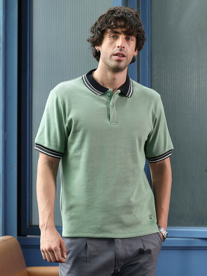 Contrast-Lined Ribbed Polo T-Shirt