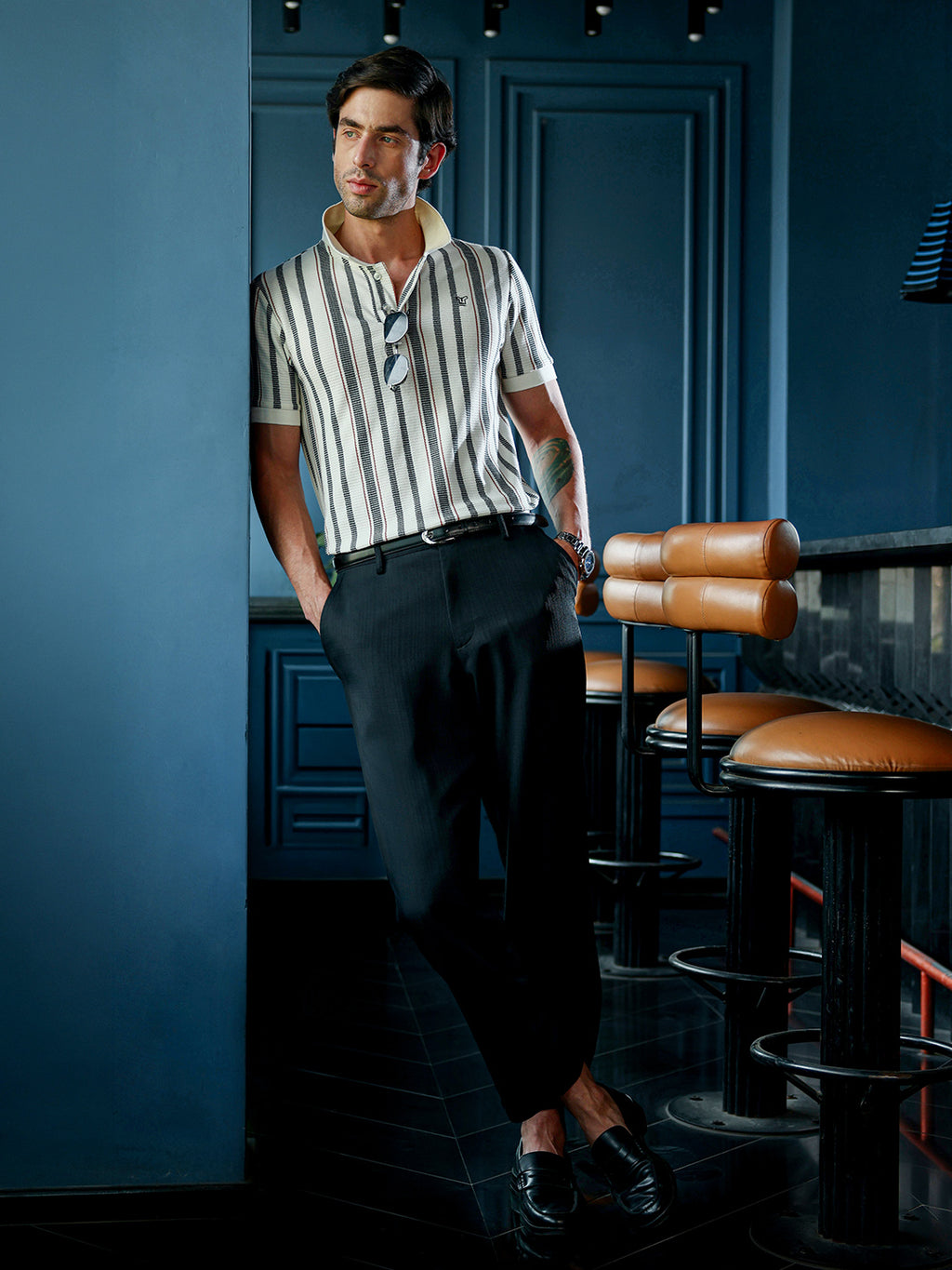 Men's Cream & Black Textured Vertical Striped Knit Polo T-Shirt