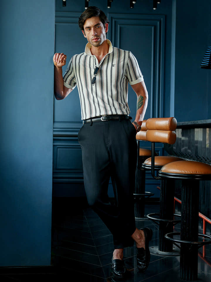 Men's Cream & Black Textured Vertical Striped Knit Polo T-Shirt