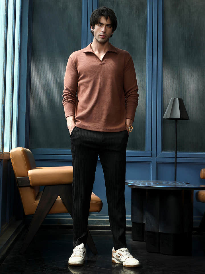 Solid Ribbed Polo T-Shirt