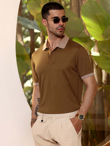 Brown & Beige Contrast Collar Polycotton Polo T-shirt