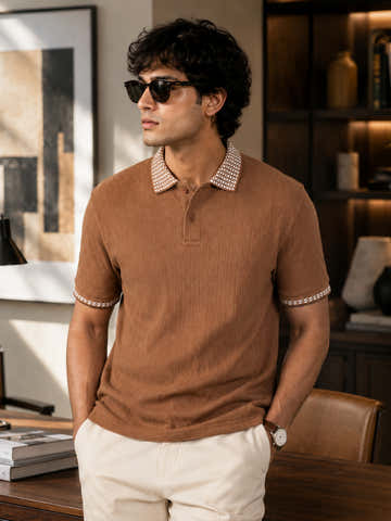 Brown Textured Polo With Jacquard Collar