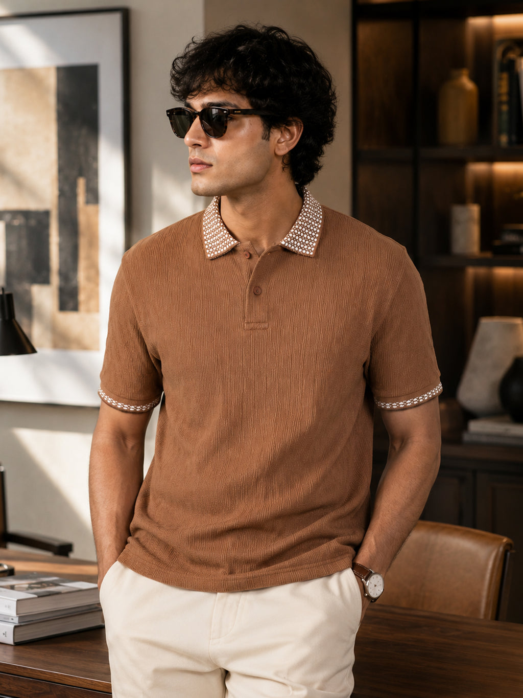 CAHOOT Men's Brown Textured Polo With Jacquard Collar - view 1