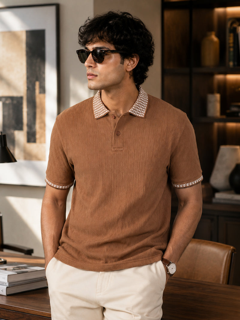 CAHOOT Men's Brown Textured Polo With Jacquard Collar - view 1