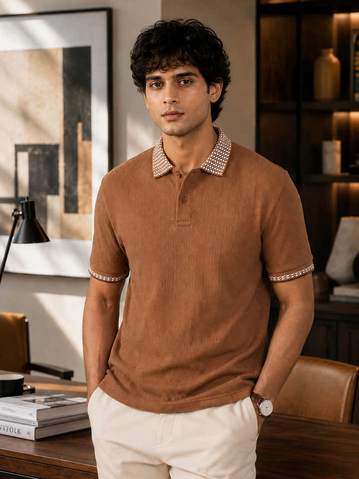 CAHOOT Men's Brown Textured Polo With Jacquard Collar - view 2