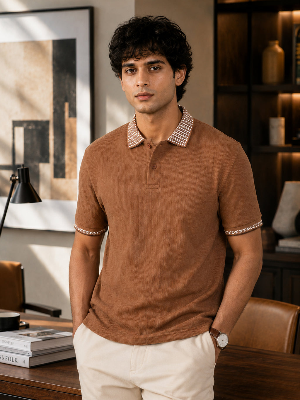CAHOOT Men's Brown Textured Polo With Jacquard Collar - view 2