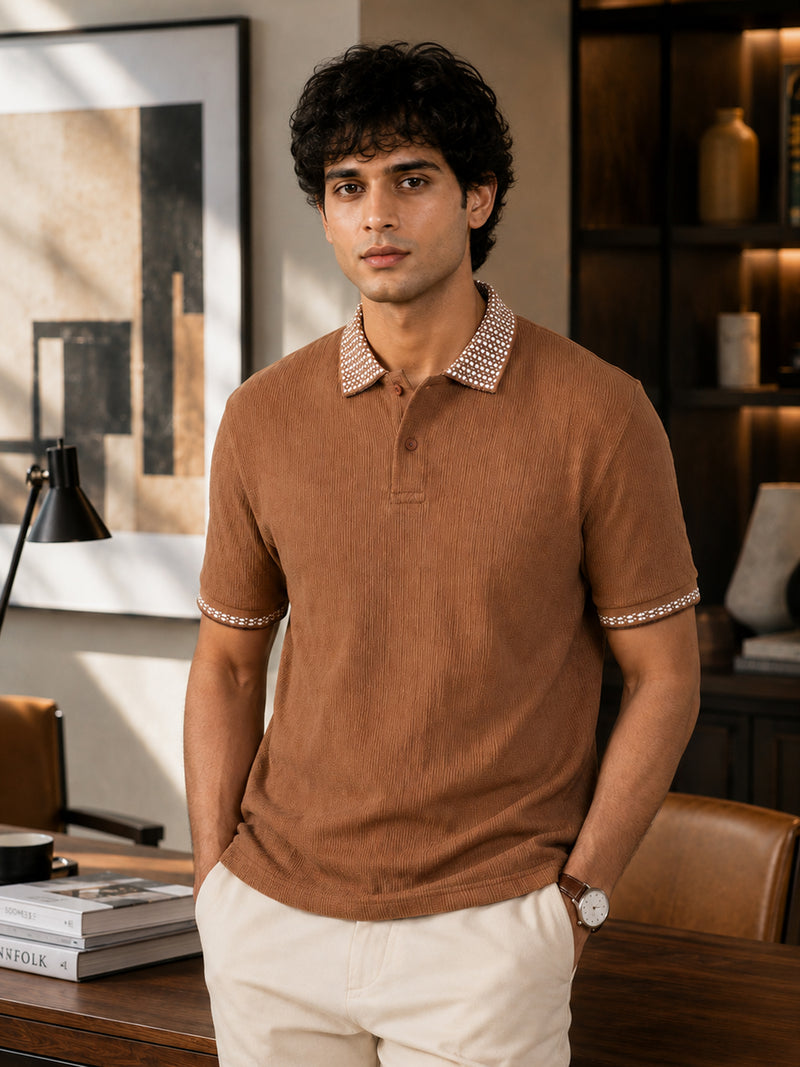 CAHOOT Men's Brown Textured Polo With Jacquard Collar - view 2