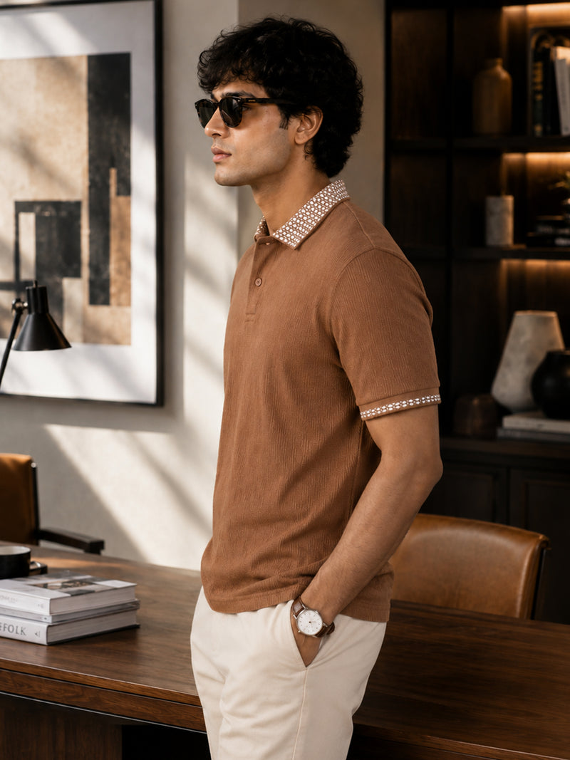 CAHOOT Men's Brown Textured Polo With Jacquard Collar - view 3