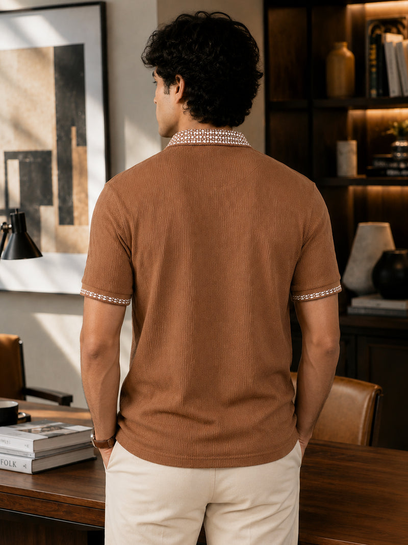 CAHOOT Men's Brown Textured Polo With Jacquard Collar - view 4