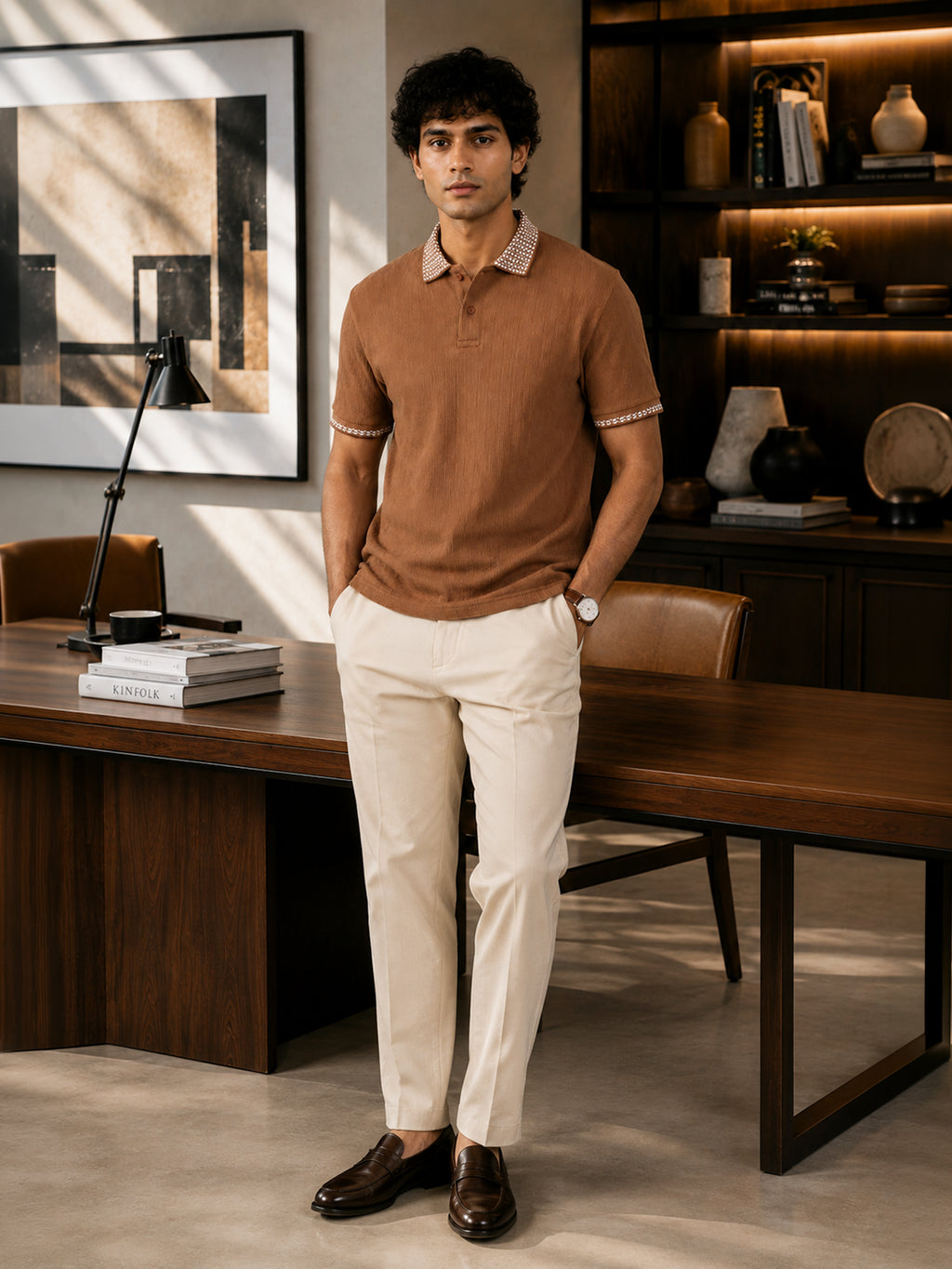 CAHOOT Men's Brown Textured Polo With Jacquard Collar - view 5