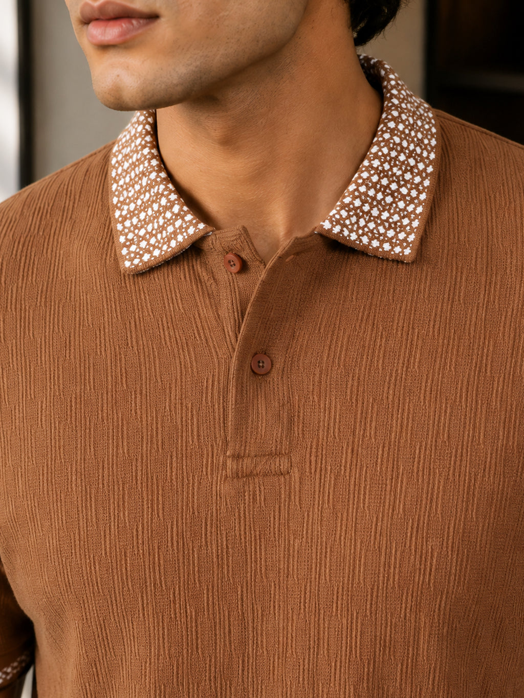 CAHOOT Men's Brown Textured Polo With Jacquard Collar - view 6