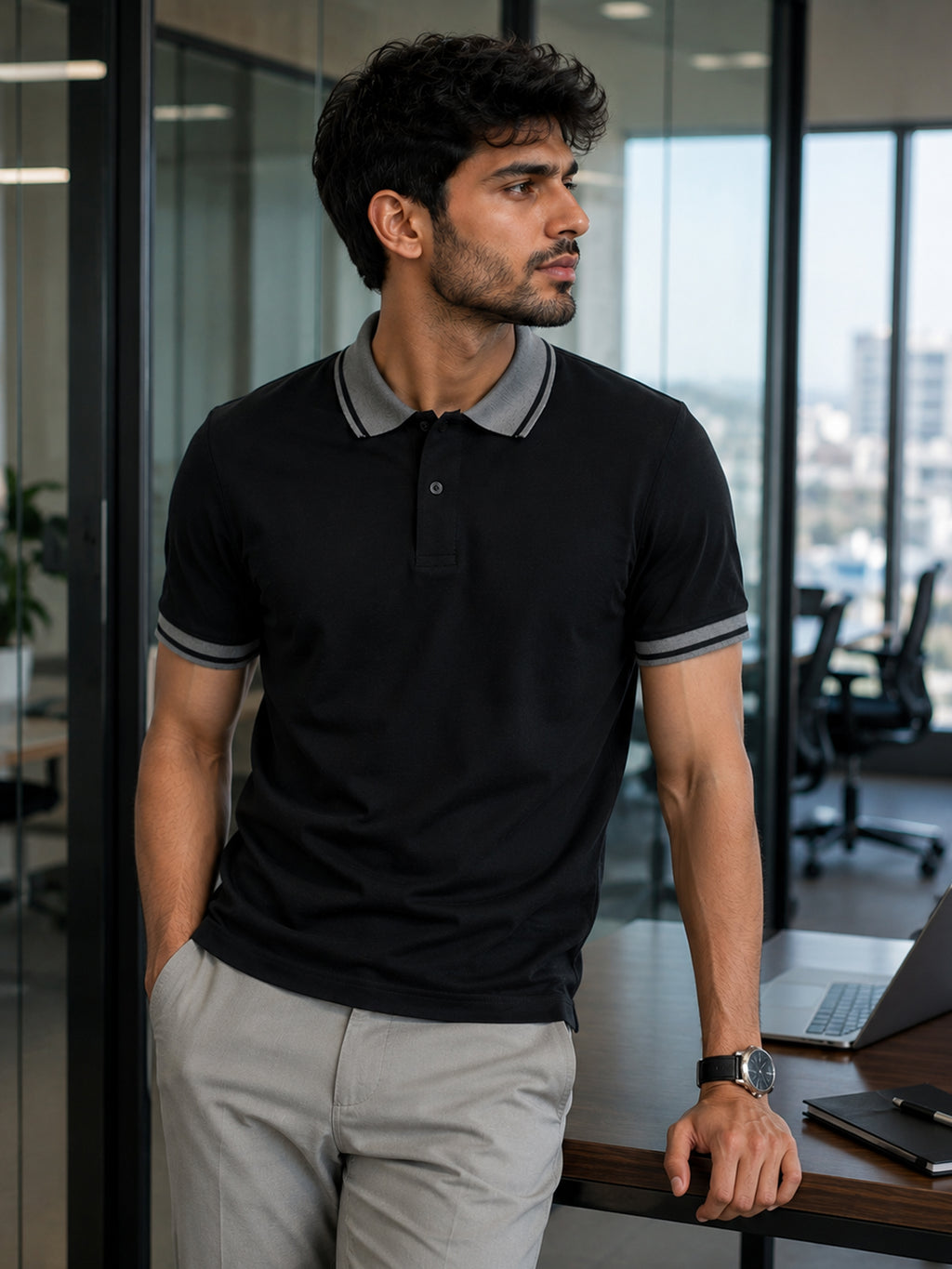 CAHOOT Black Solid Polo T-Shirt With Tipped Collar - view 1