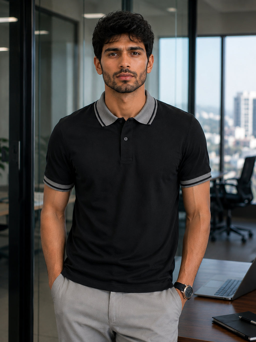 CAHOOT Black Solid Polo T-Shirt With Tipped Collar - view 2
