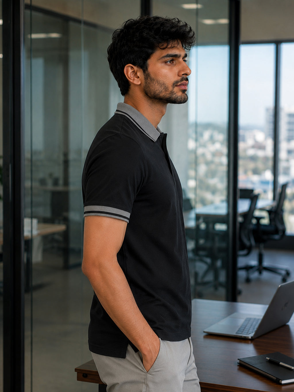 CAHOOT Black Solid Polo T-Shirt With Tipped Collar - view 3