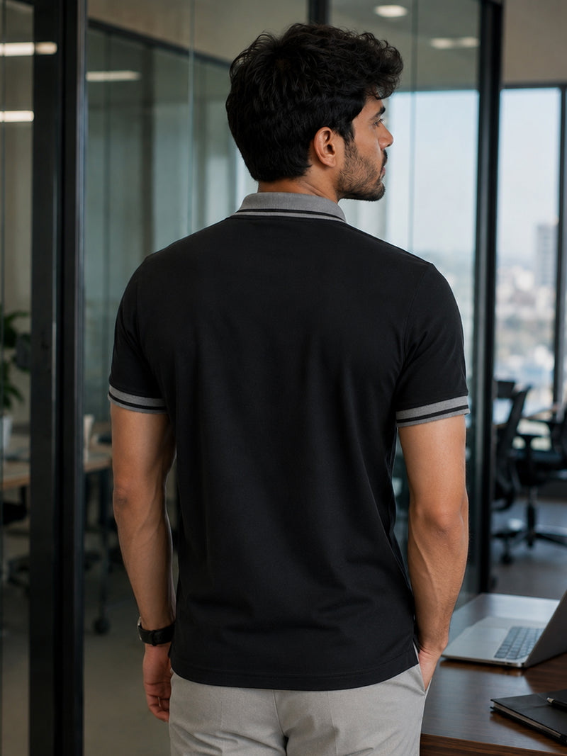 CAHOOT Black Solid Polo T-Shirt With Tipped Collar - view 4