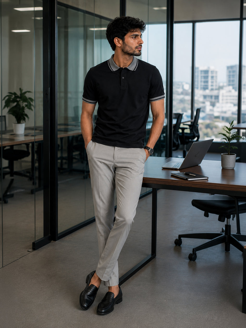 CAHOOT Black Solid Polo T-Shirt With Tipped Collar - view 5