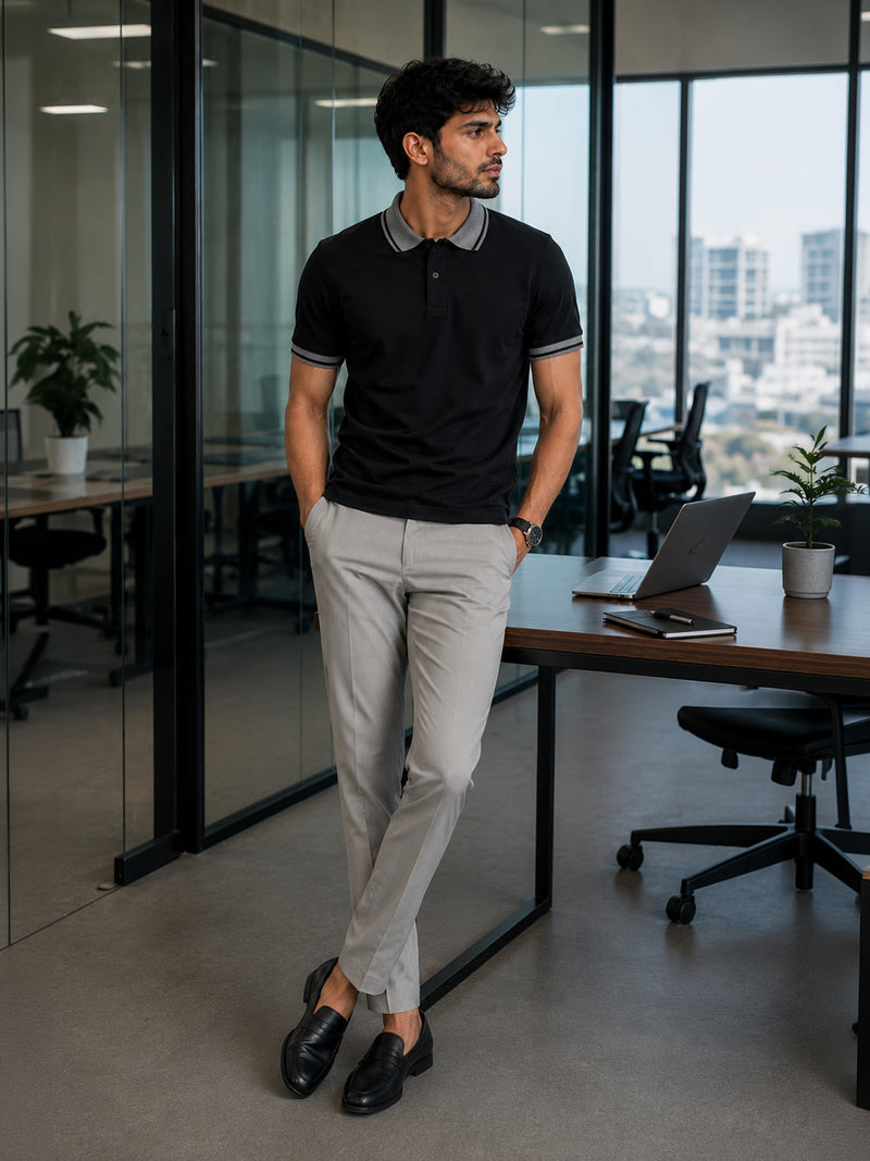 CAHOOT Black Solid Polo T-Shirt With Tipped Collar - view 5