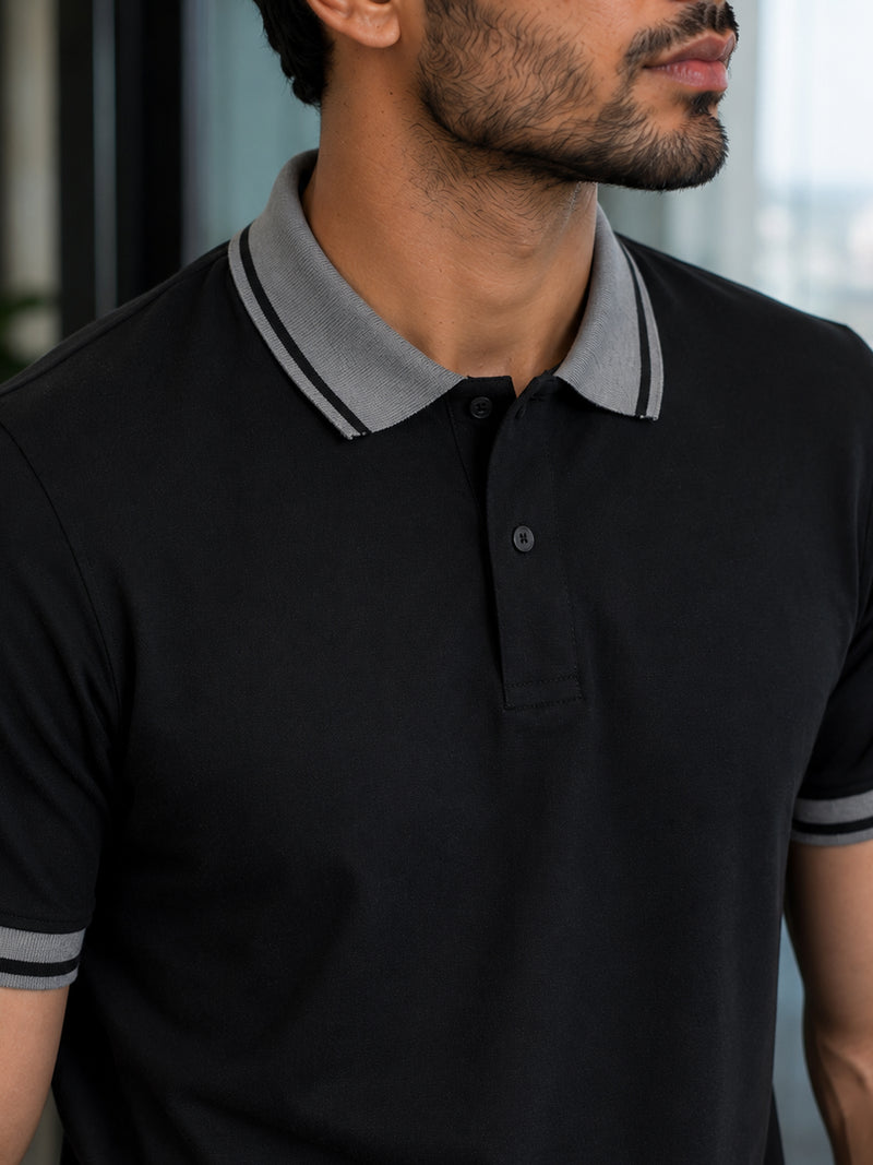 CAHOOT Black Solid Polo T-Shirt With Tipped Collar - view 6