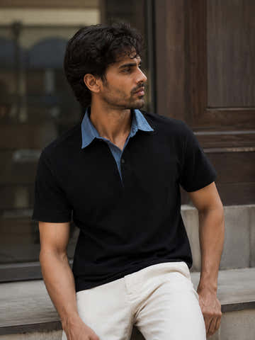 Black Contrast Denim-Collar Regular Fit Polo