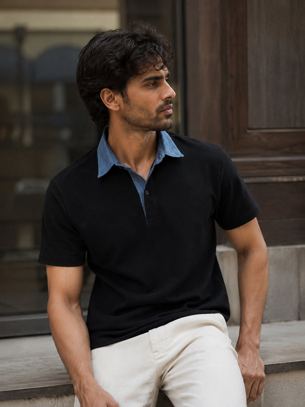 CAHOOT Black Contrast Denim-Collar Regular Fit Polo - view 1