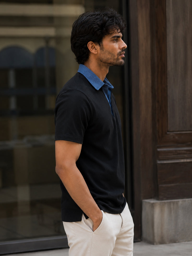 CAHOOT Black Contrast Denim-Collar Regular Fit Polo - view 2