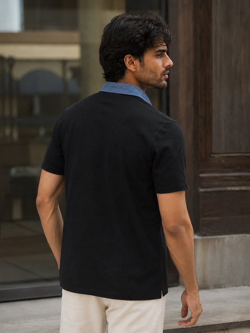 CAHOOT Black Contrast Denim-Collar Regular Fit Polo - view 3