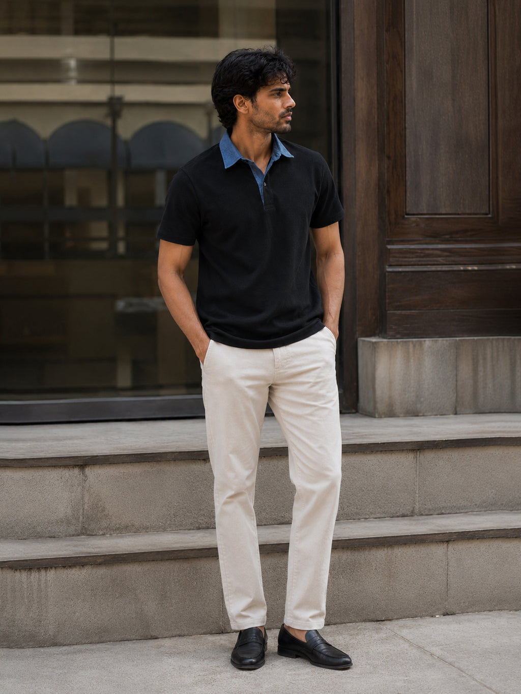 CAHOOT Black Contrast Denim-Collar Regular Fit Polo - view 4