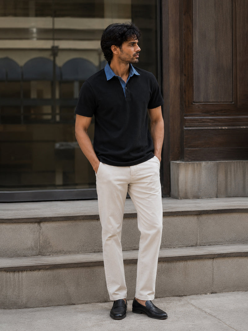 CAHOOT Black Contrast Denim-Collar Regular Fit Polo - view 4