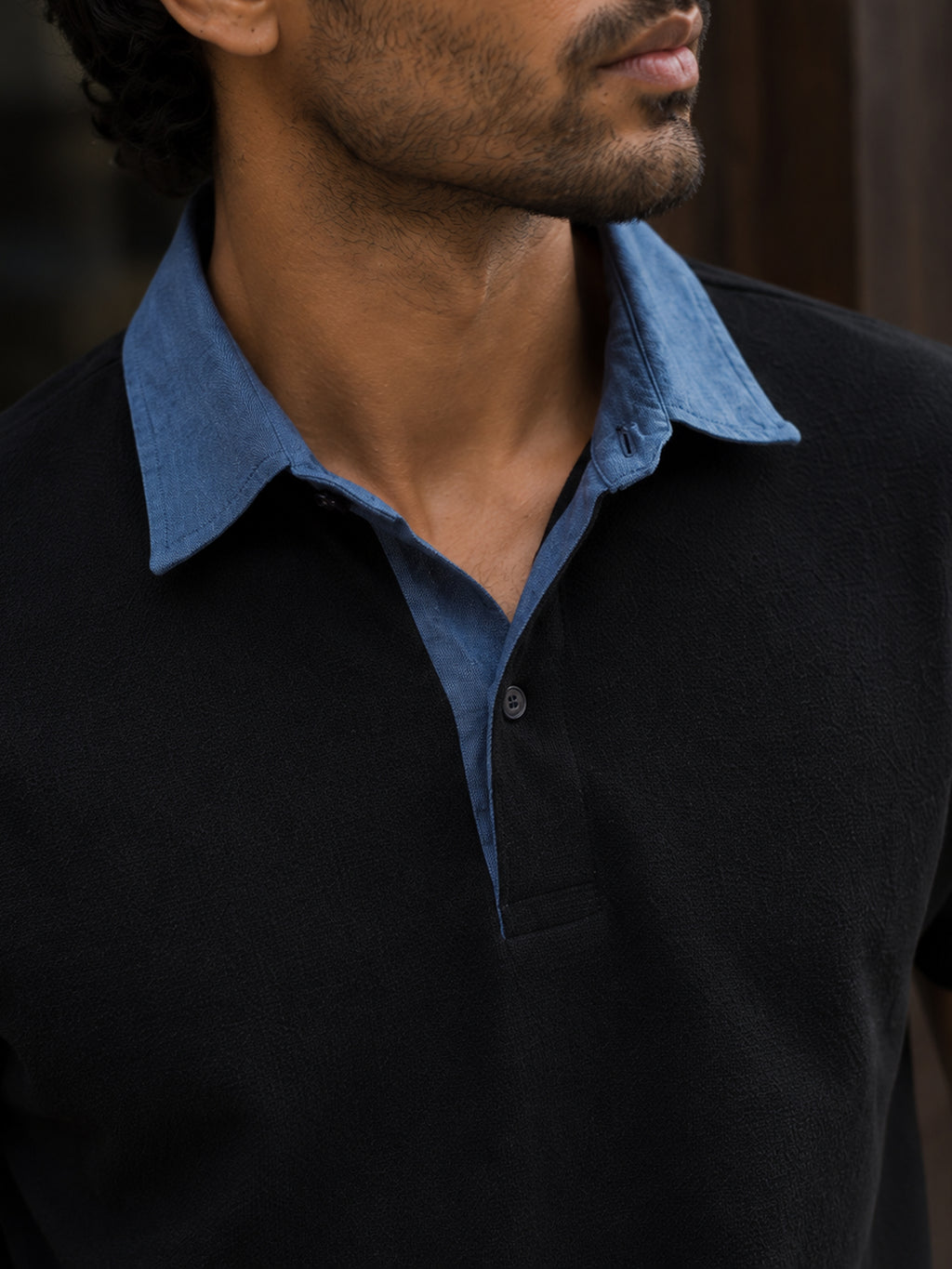 CAHOOT Black Contrast Denim-Collar Regular Fit Polo - view 5